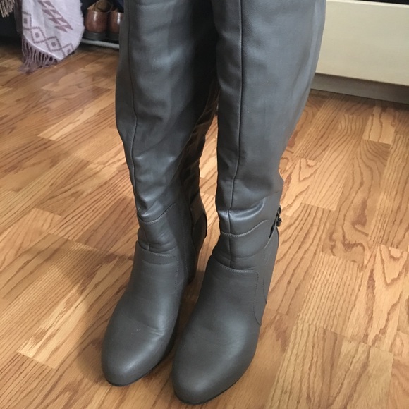 Shoes - Grey heeled tall boots w side buckle